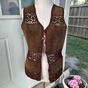 Vintage Women’s Leather Crochet Western Boho Vest Size Small